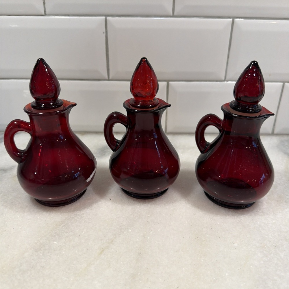 Set Of 3 Avon Ruby Red Glass Cruet Strawberry Bath Foam Decanter / Bottle ES005